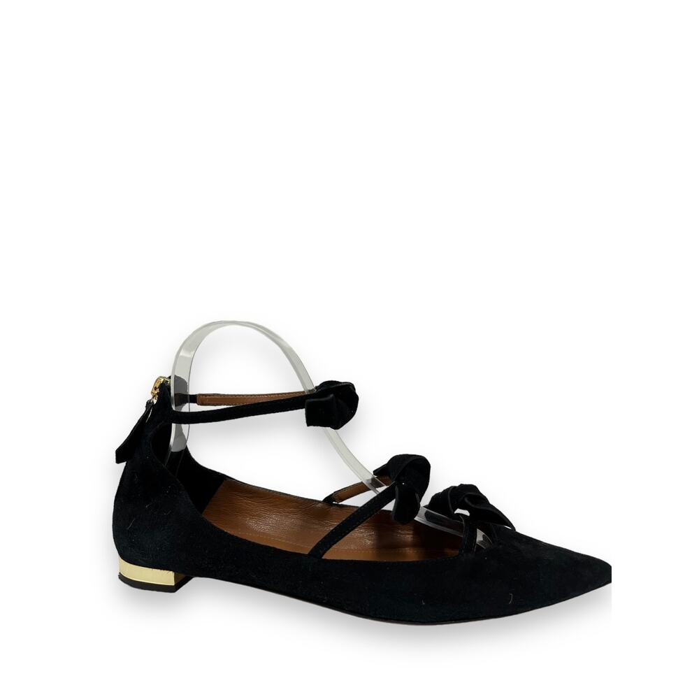 AQUAZZURA Black Suede Strappy St Tropez Bow Point Toe Flats Size 38 US 8
